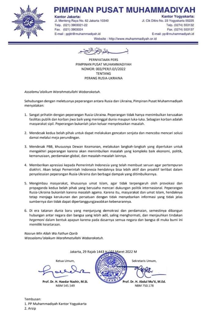 Pernyataan PP Muhammadiyah Tentang Perang Rusia-Ukraina